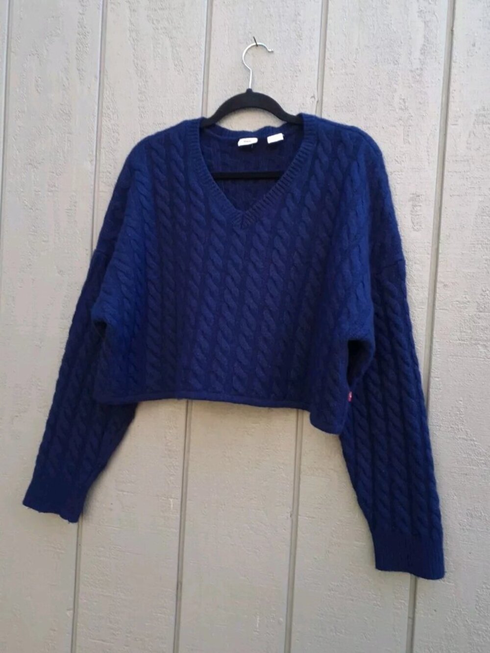 Levis Cropped Wool Sweater Chunky Cable Knit XL Navy Blue V Neck Fisherman Large